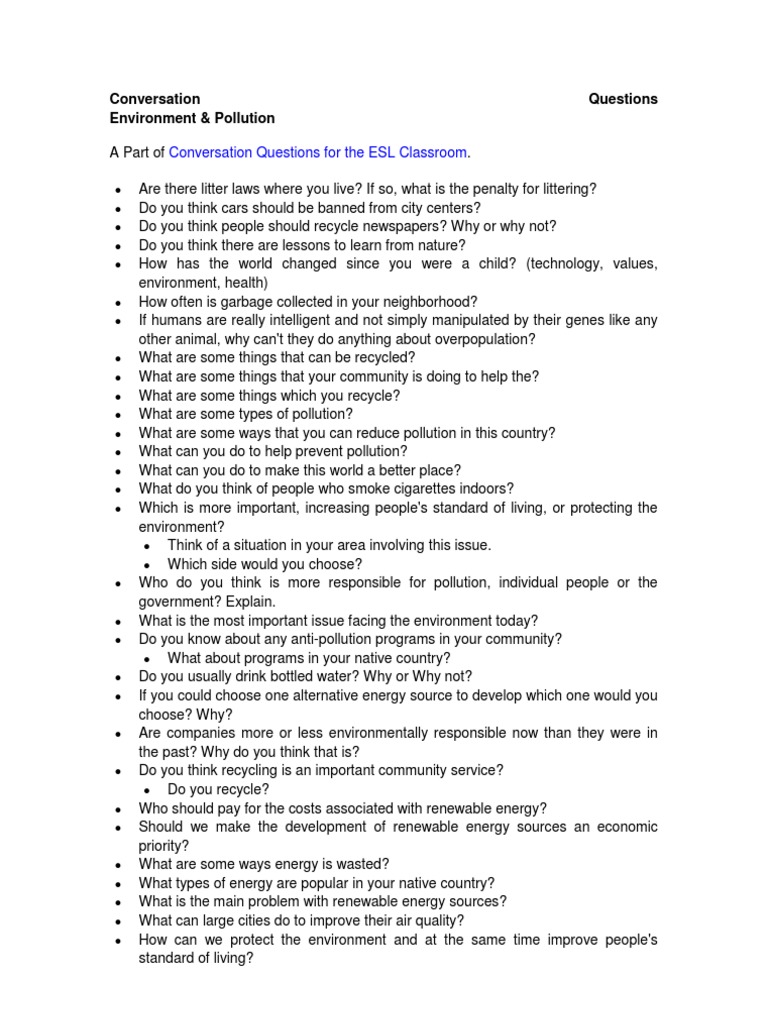 ESL Conversation Questions on Environment | PDF | Schools | Homeschooling