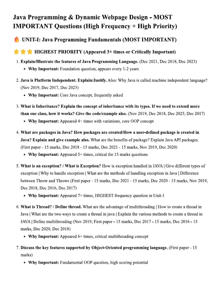 JAVA Important Questions | PDF