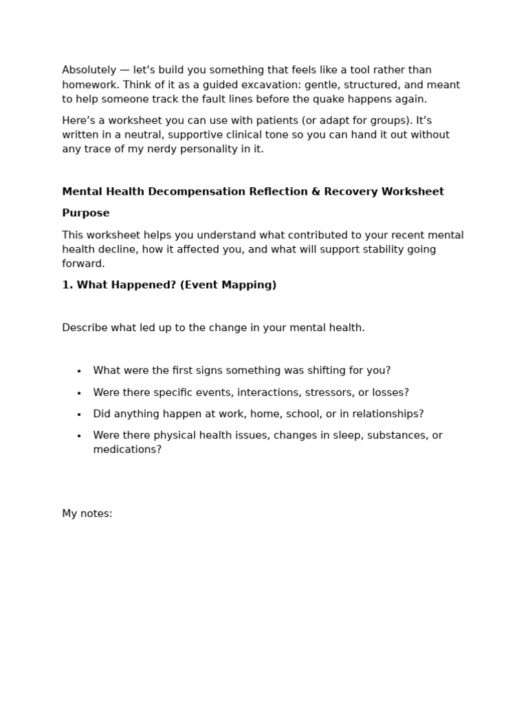 Mental Health Recovery Worksheet Guide | PDF | Anxiety | Stress (Biology)