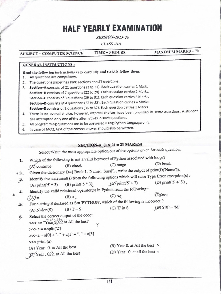Computer Science Half Yearly 12th - Allen | PDF