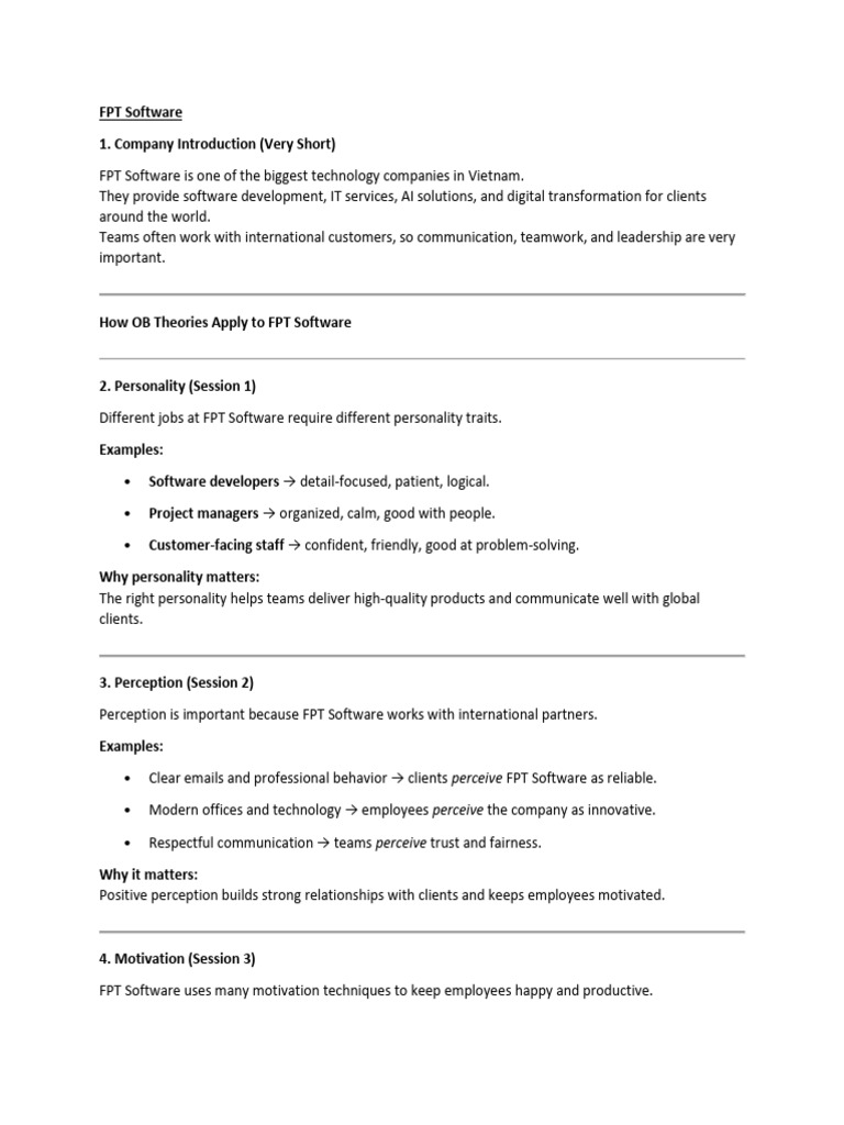 FPT Software: Applying OB Theories for Success | PDF | Motivational ...