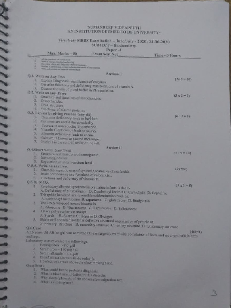 2020 Internal Exam Q Paper. | PDF | Biochemistry | Chemistry