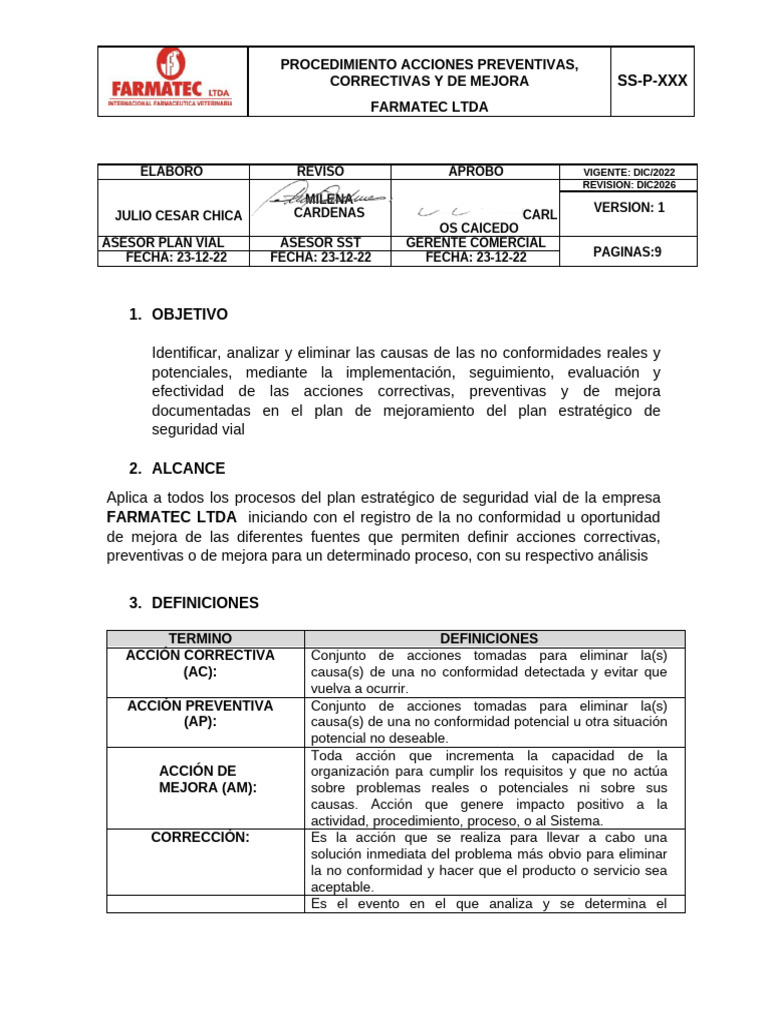 Acciones Correctivas y Preventivas en Farmatec | PDF
