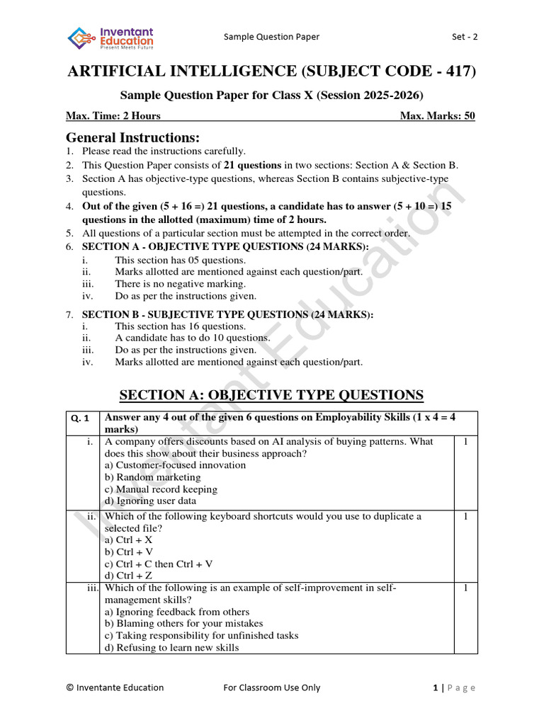 AI Class 10 SP Set 2 With Answer Key | PDF | Artificial Intelligence ...