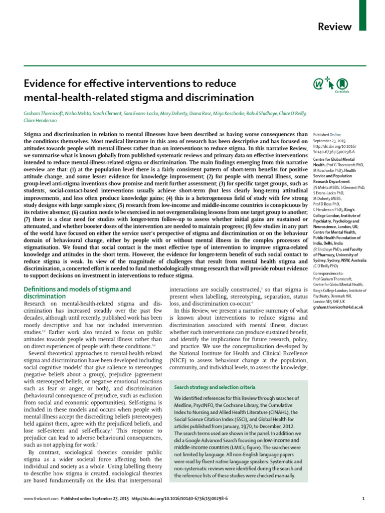 Interventions to Reduce Mental Health Stigma | PDF | Social Stigma ...