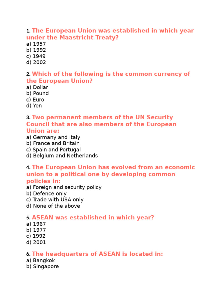 EU and ASEAN Quiz Questions & Answers | PDF | European Union | Euro