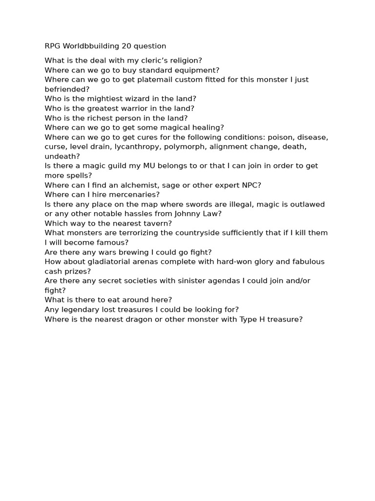 RPG Worldbuilding 20 Question | PDF