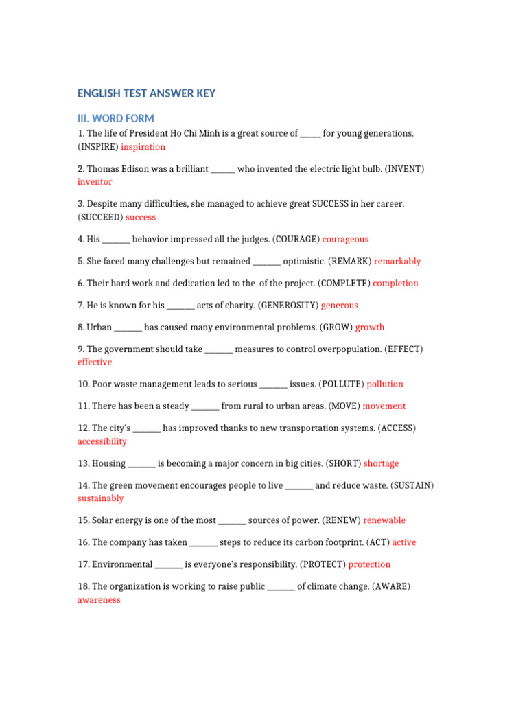 English Test Answers Red | PDF