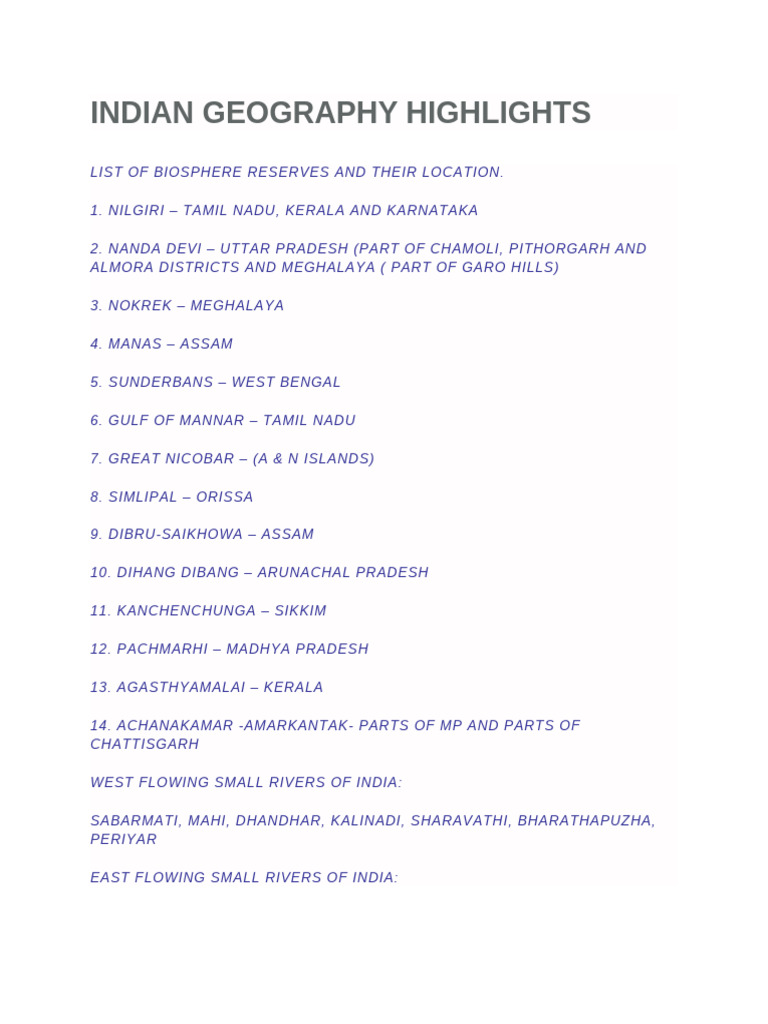 Indian Geography: Biosphere Reserves & Facts | PDF | Rain | Physical ...