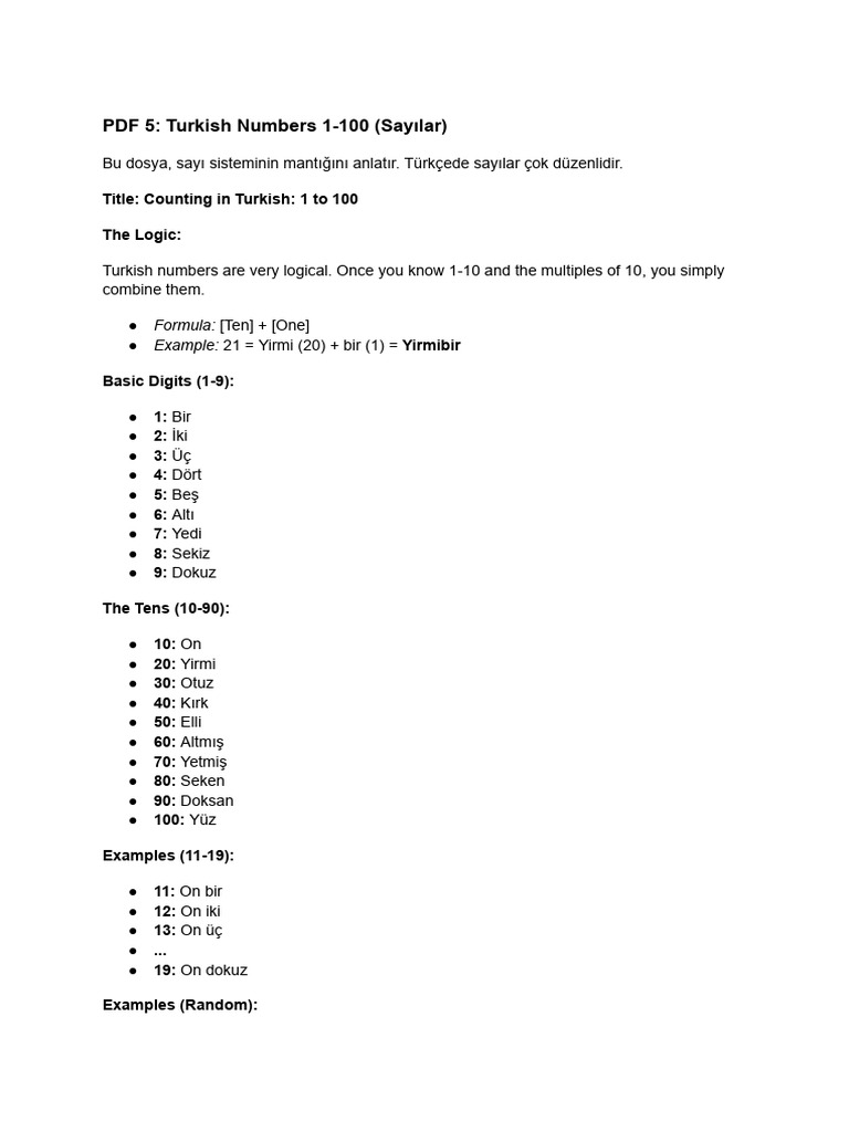 PDF 5 - Turkish Numbers 1-100 (Sayılar) | PDF