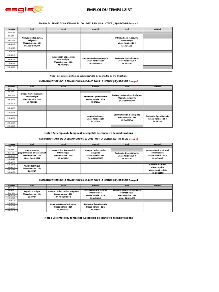 Emploi du Temps L2IRT - Semaine 06/10/2025 | PDF | Informatique ...