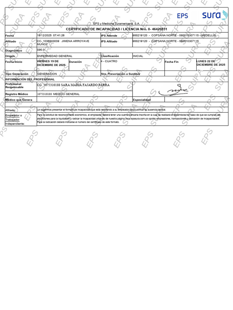 Certificado de Incapacidad EPS Sura 2025 | PDF