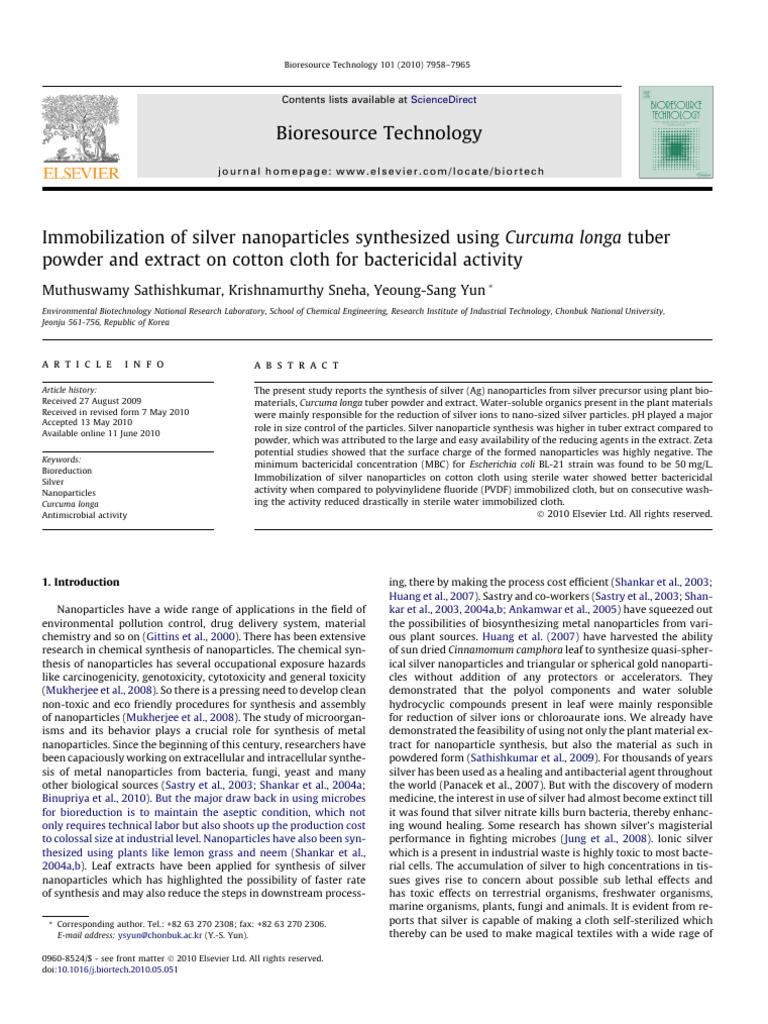 Immobilization of Silver Nanoparticles Synthesized Using Curcuma Longa ...