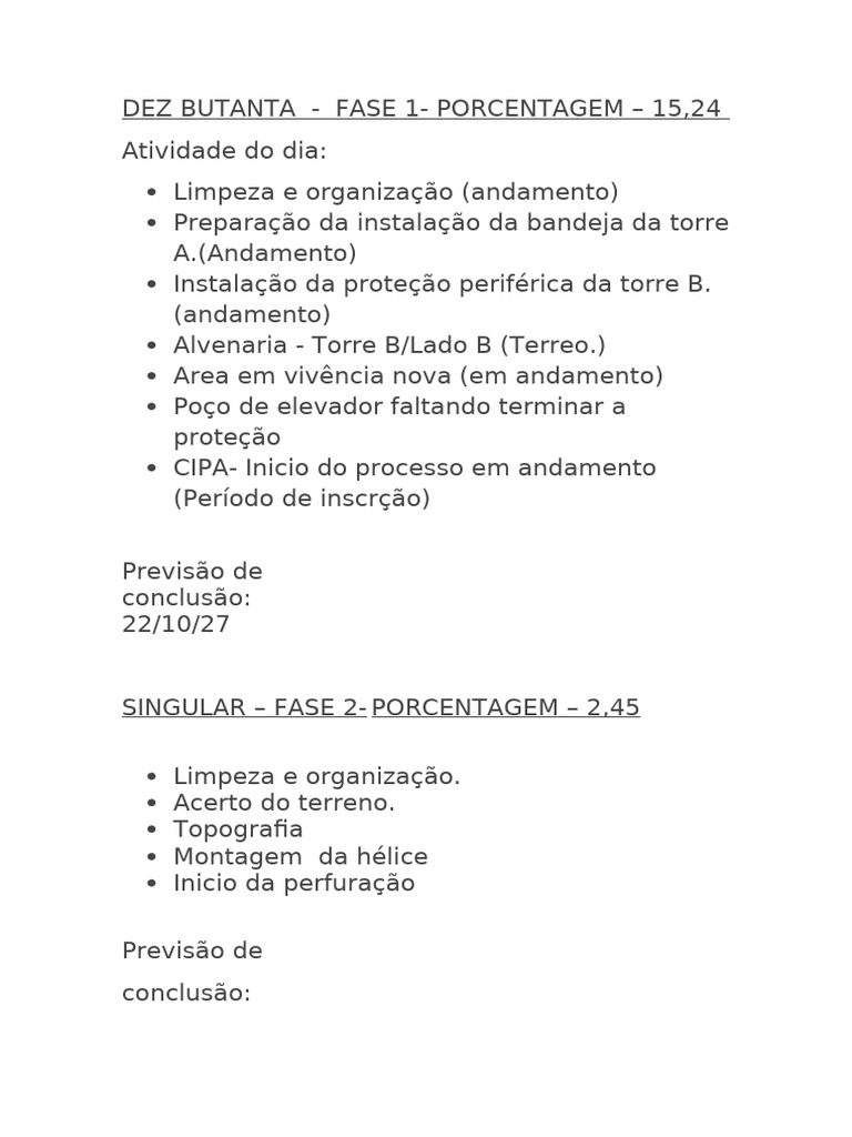 Andamento das Fases do Projeto Butanta | PDF