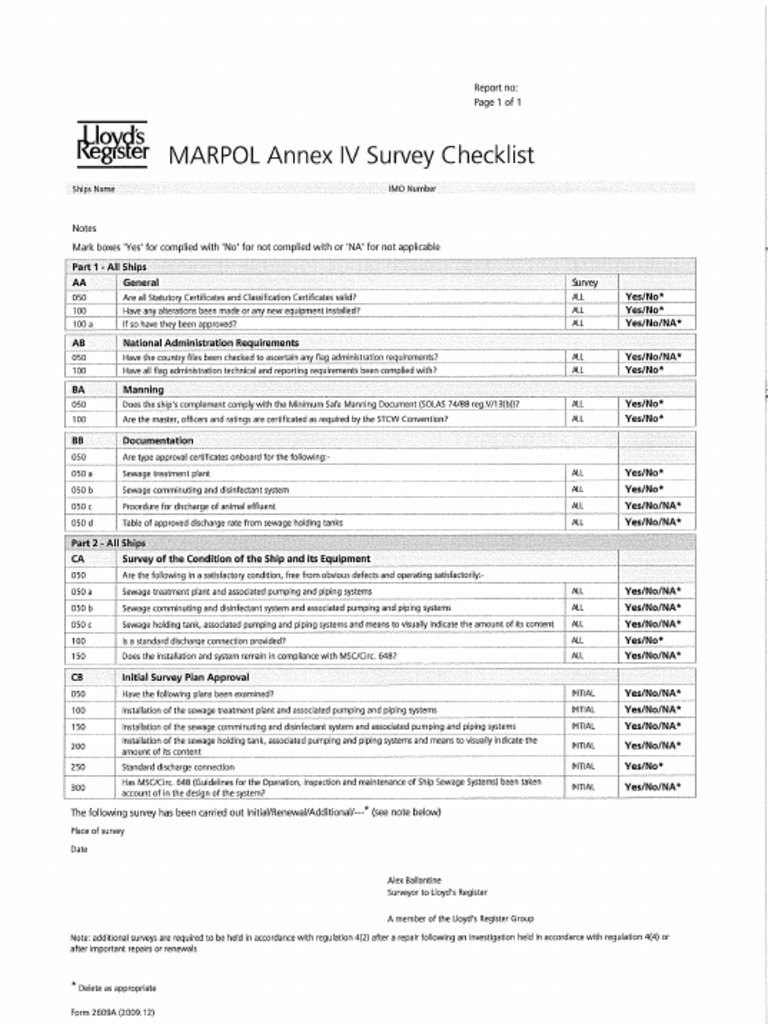 MARPOL Annex IV Survey Checklist Lloyds | PDF