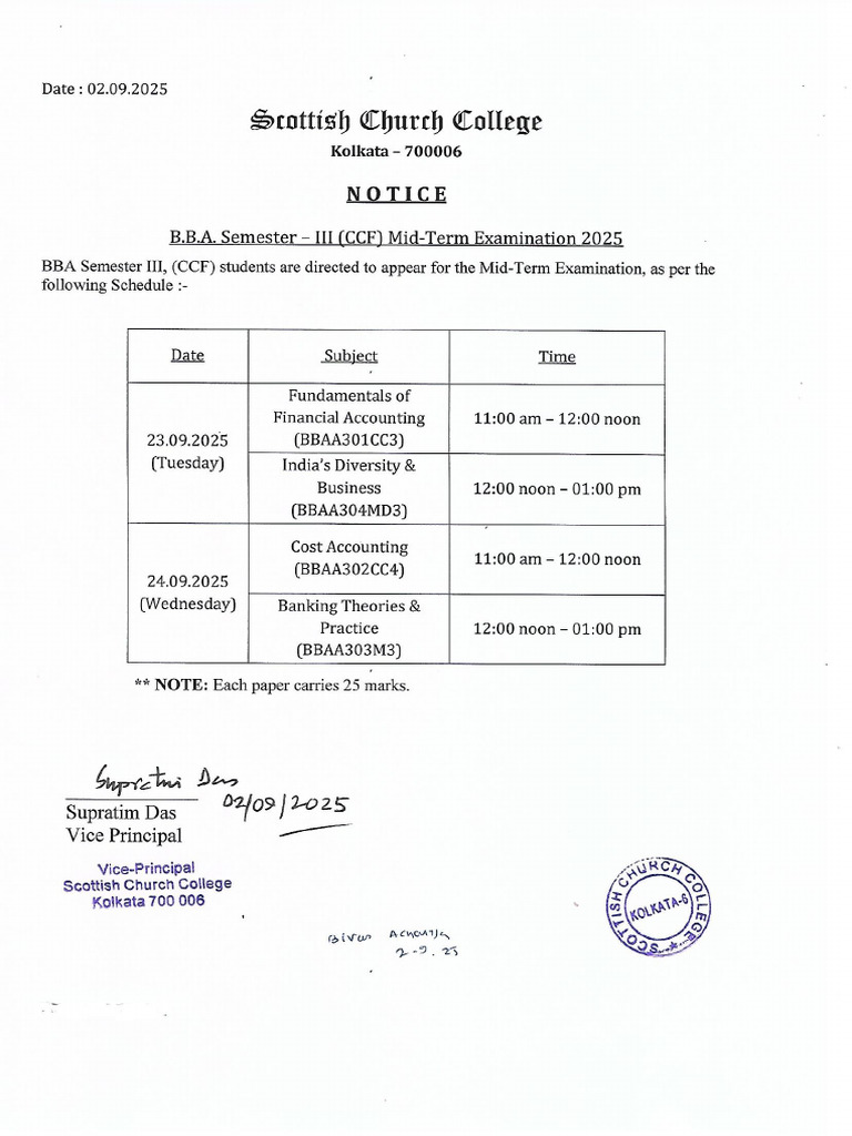 Mid Term Examination Notice For Semester III, 2025 | PDF