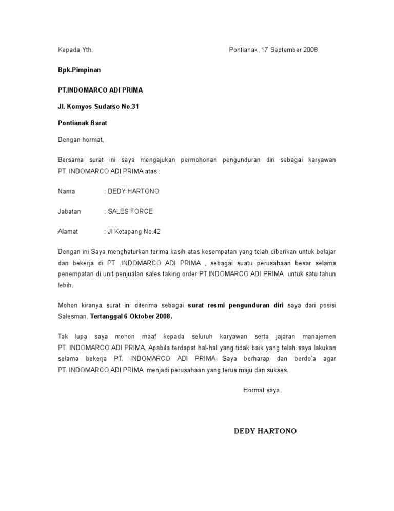 Cth Surat Pengunduran Diri Pt Indomarco