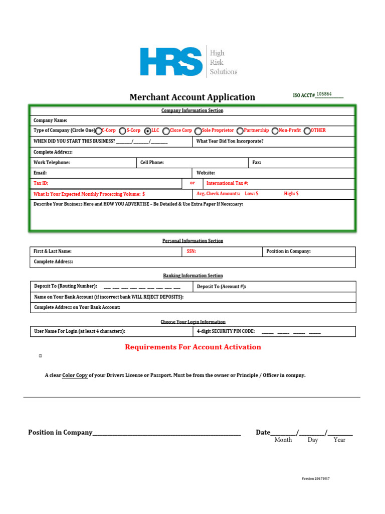 Merchant Account Application Form | PDF
