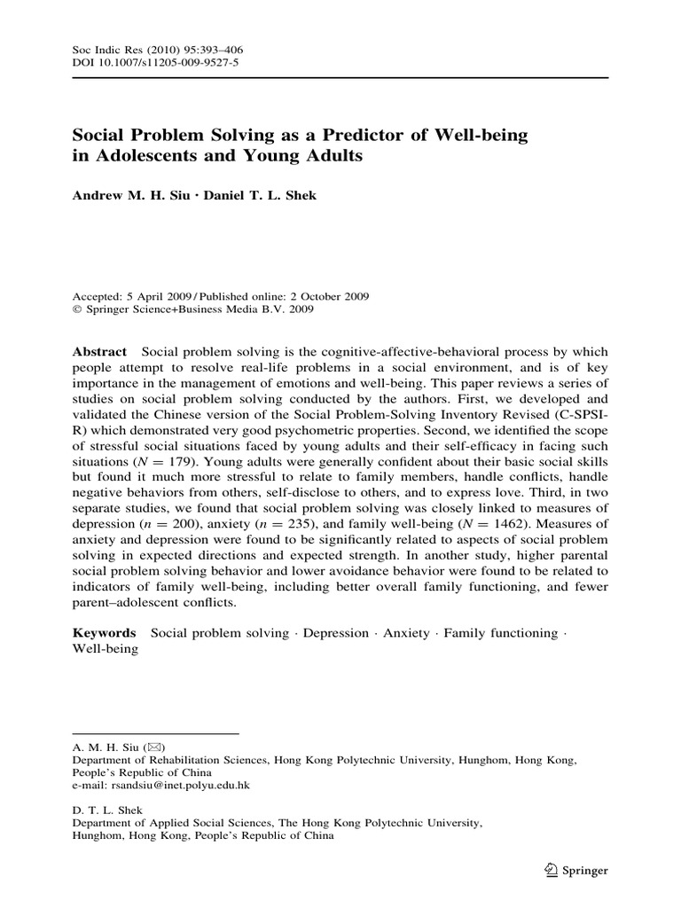 Social Problem Solving and Well-being in Youth | PDF | Adolescence ...