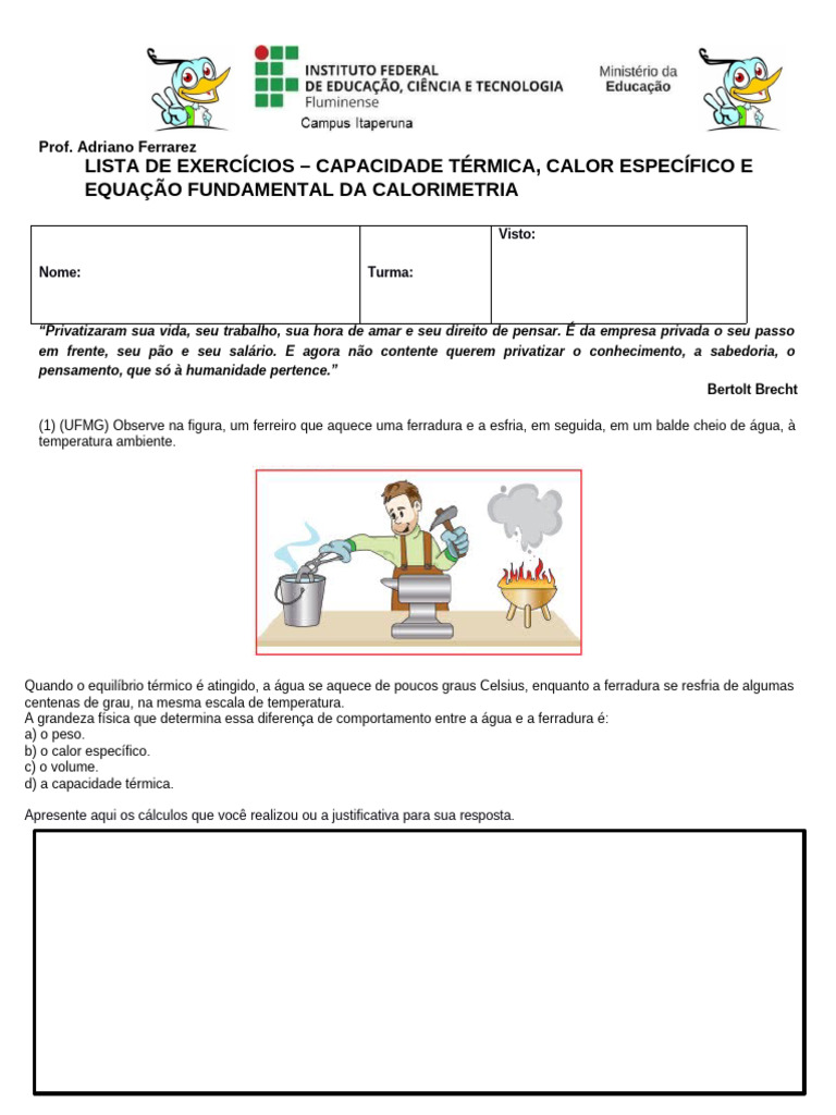 Lista de Exercícios Capacidade Térmica, Calor Específico e Equação ...