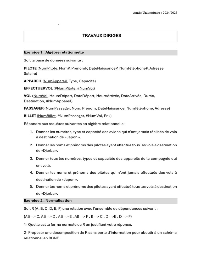 Exercices d'Algèbre Relationnelle et SQL | PDF | Bases de données | SQL