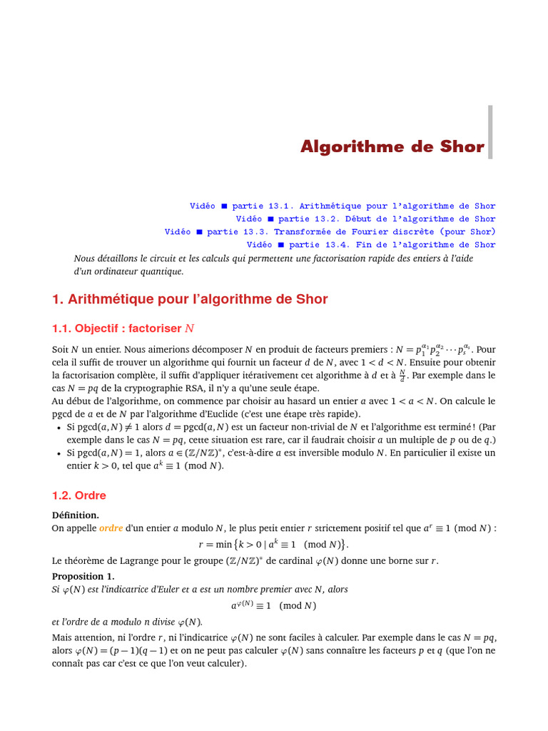 Algorithme de Shor : Factorisation quantique | PDF | Nombre premier ...