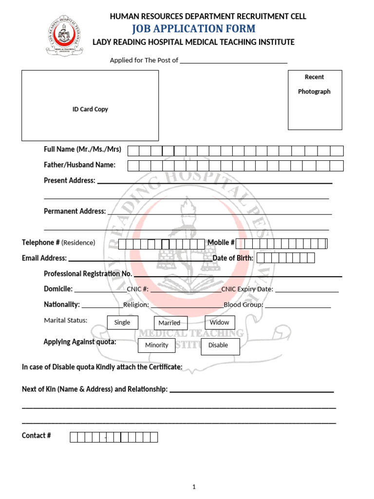 Job Application Form for Lady Reading Hospital | PDF | Identity Document