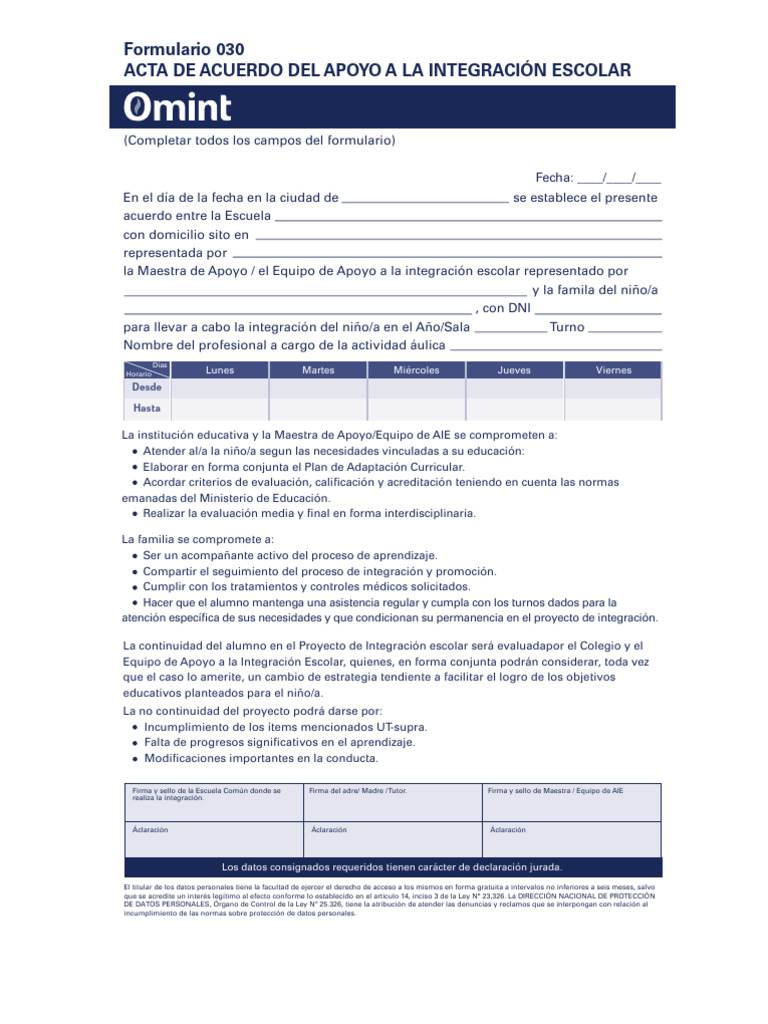 FORM 030 - Acta de Acuerdo Del Apoyo A La Integracion-Escolar v7 | PDF ...