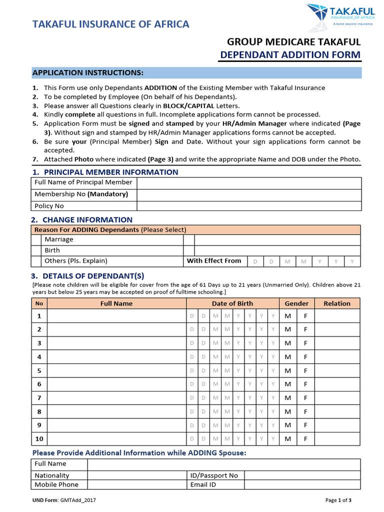 Takaful Insurance Dependant Addition Form | PDF | Cancer | Respiratory ...