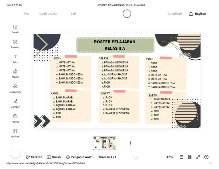 Roster Pelajaran Kelas II A | PDF
