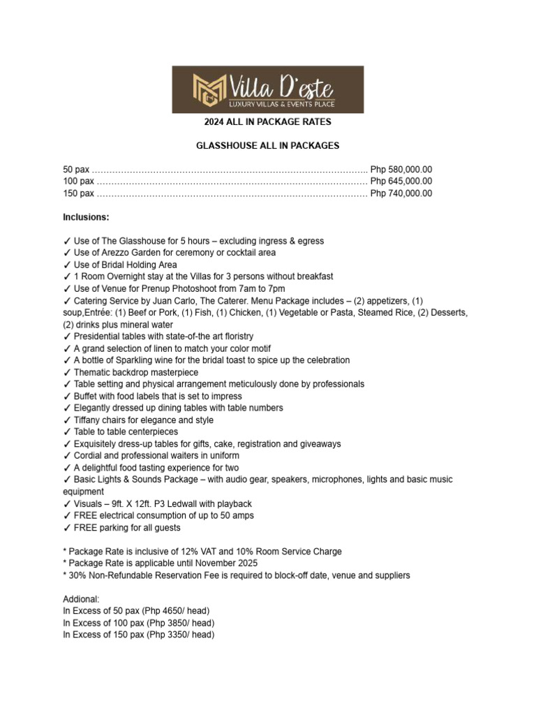 2024 All-In Wedding Package Rates | PDF | Foods | Cooking