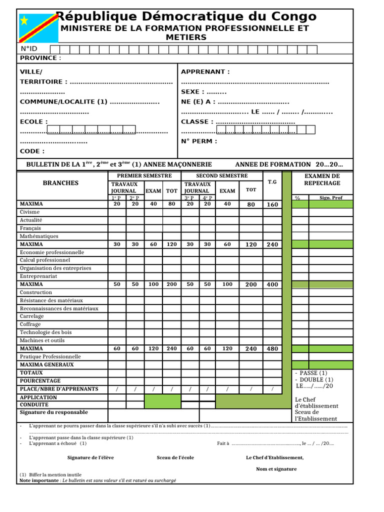 Bulletin de notes en maçonnerie RDC | PDF