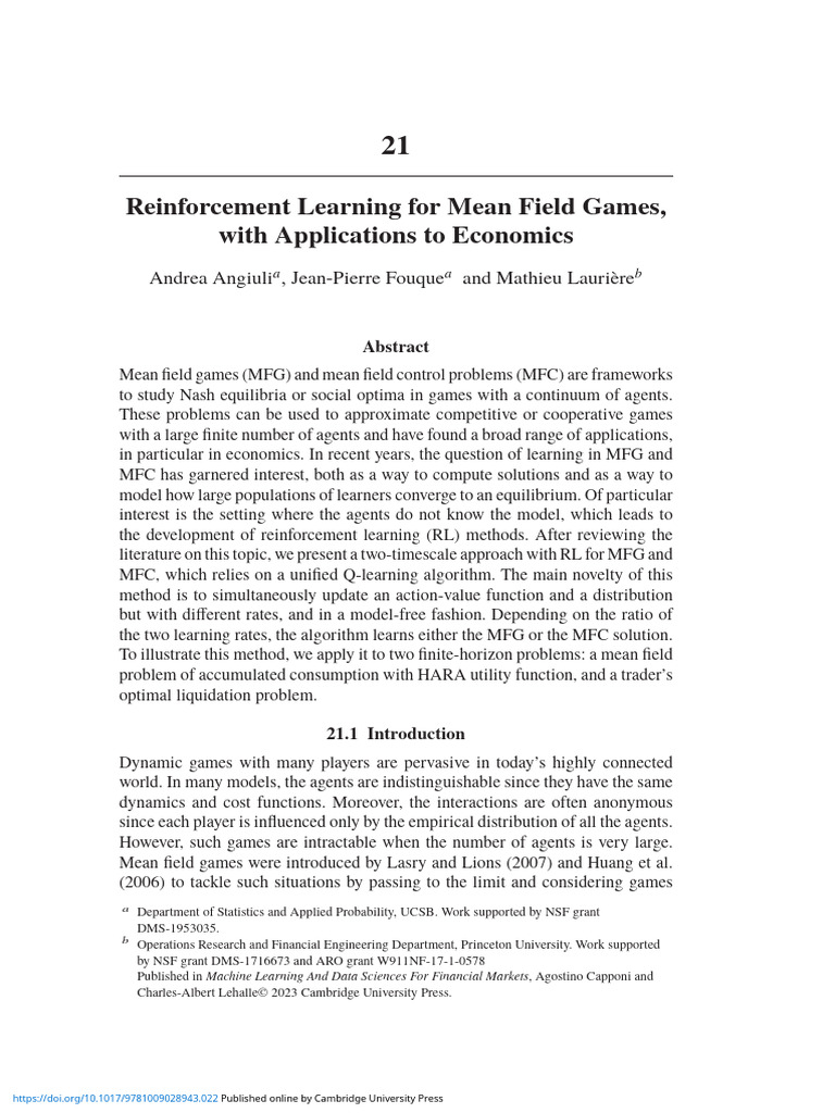 Reinforcement Learning in Mean Field Games | PDF | Applied Mathematics