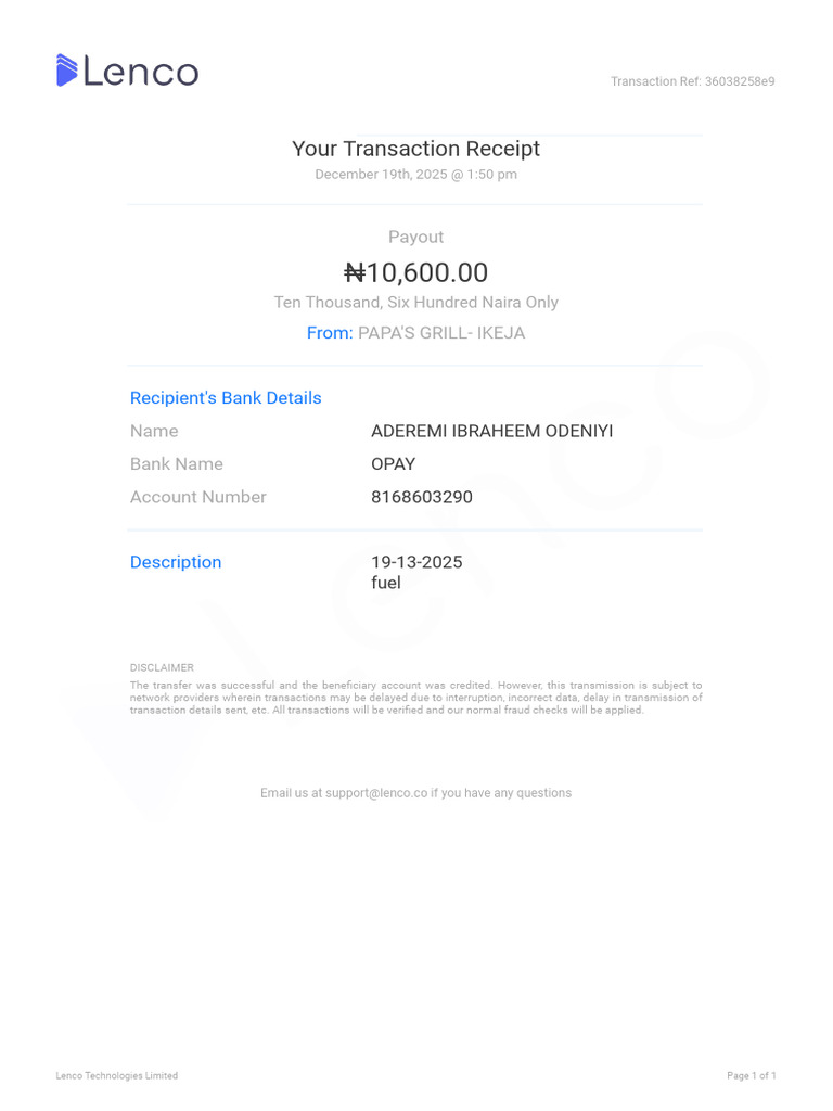Your Transaction Receipt: Payout | PDF