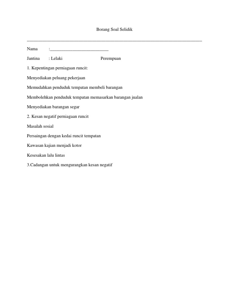 Borang Soal Selidik Perniagaan Runcit Pdf