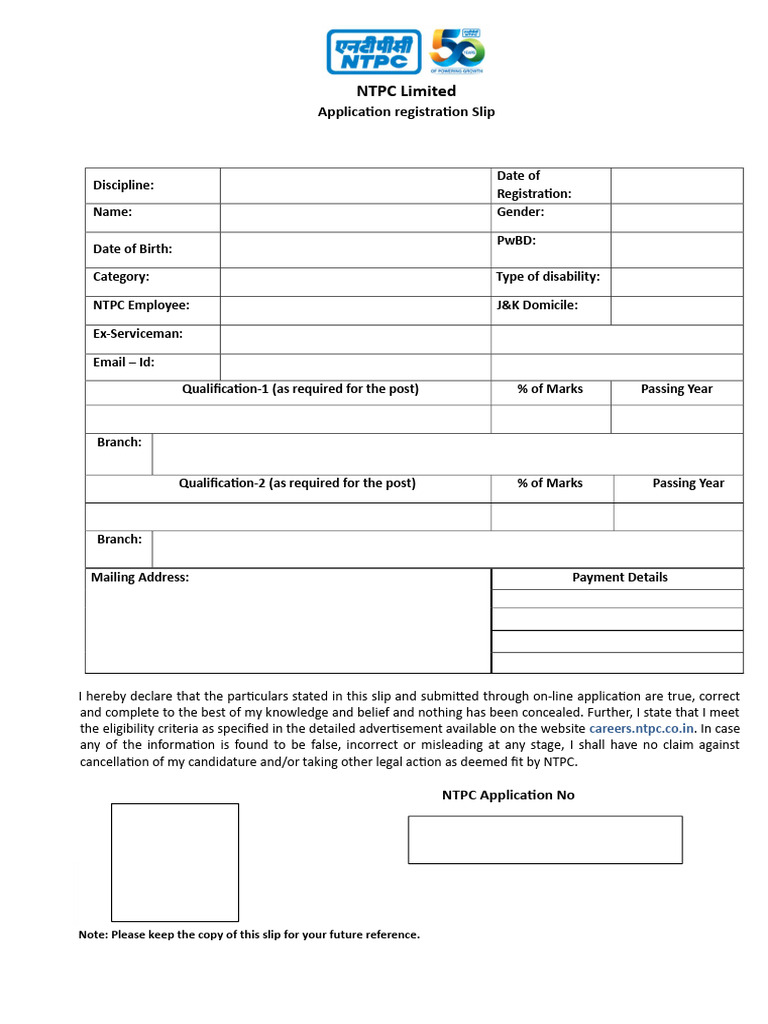 NTPC Application Registration Slip | PDF