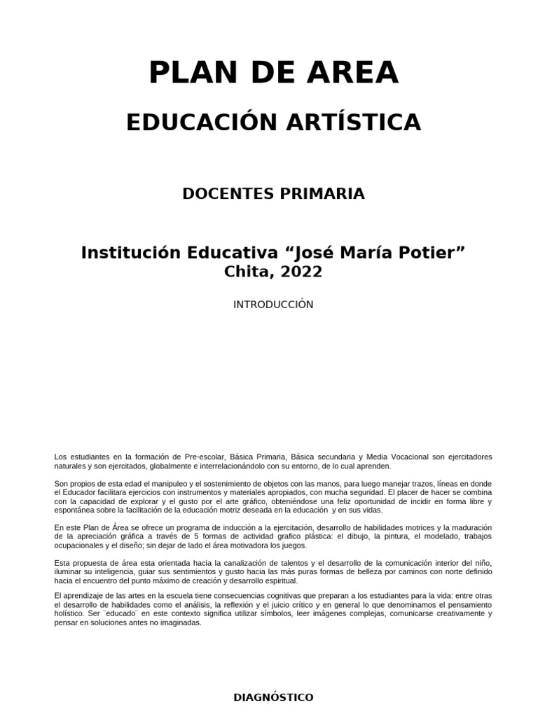 Plan de Area Artistica.r | PDF | Educación en artes visuales | Aprendizaje