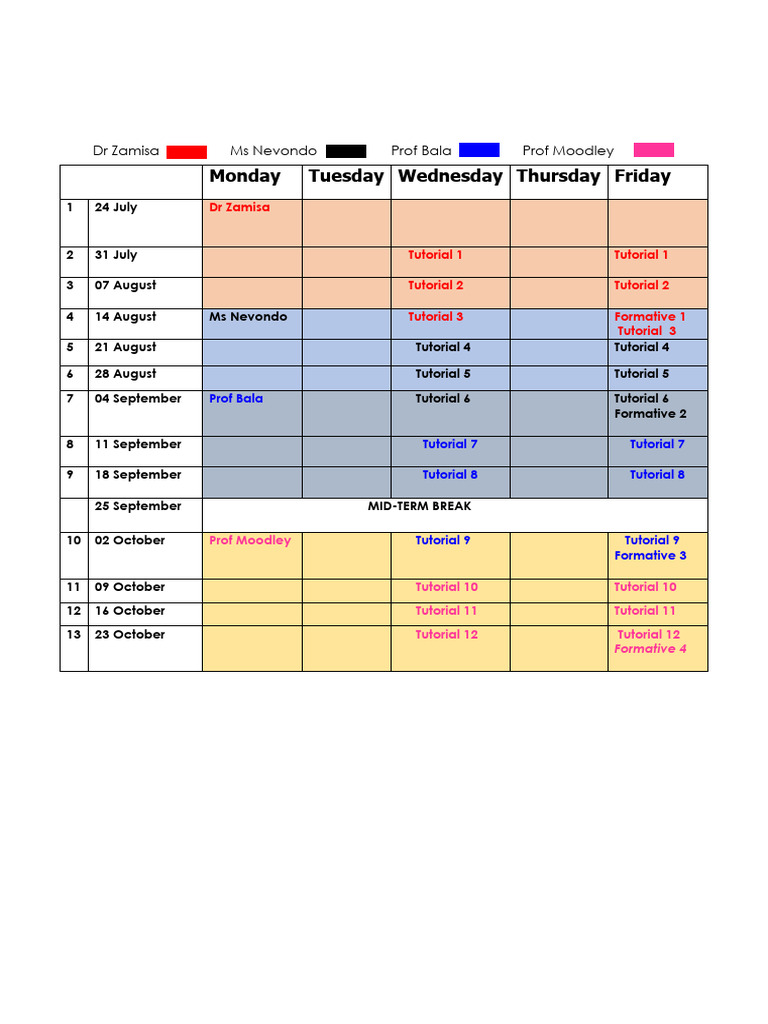 Weekly Tutorial Schedule Overview | PDF