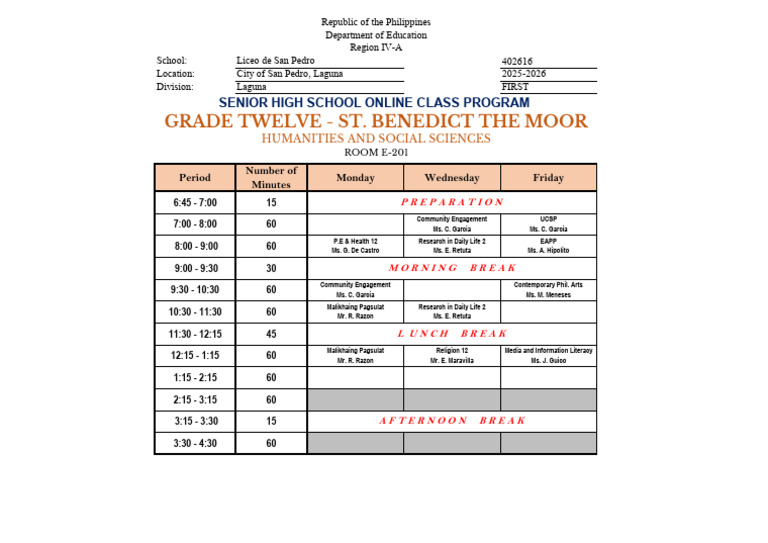 St. Benedict Online Class Schedule | PDF