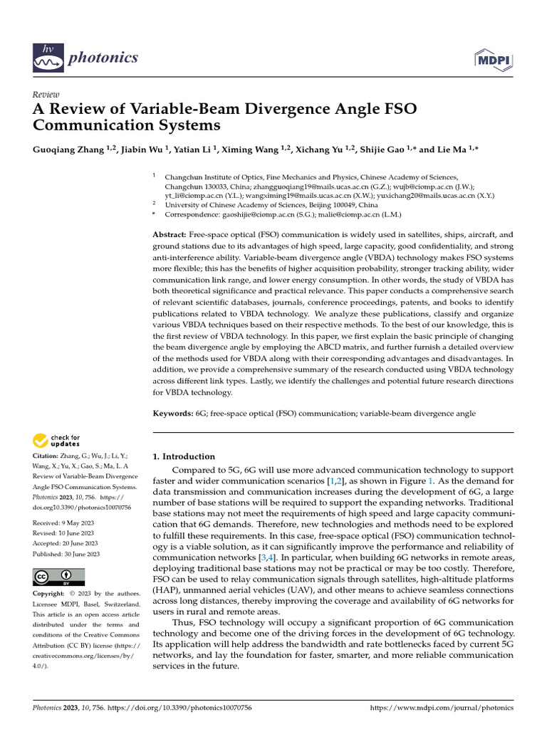 Photonics: A Review of Variable-Beam Divergence Angle FSO Communication ...