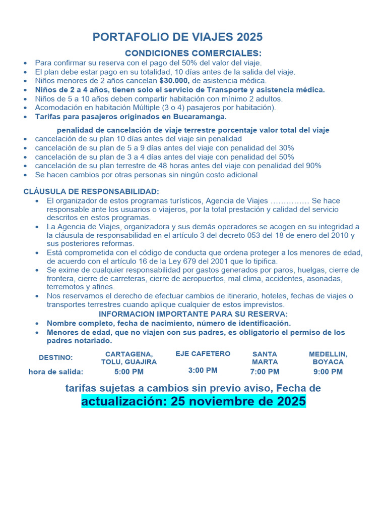 Portafolio de Viajes 2025: Tarifas y Condiciones | PDF | Almuerzo | Hotel