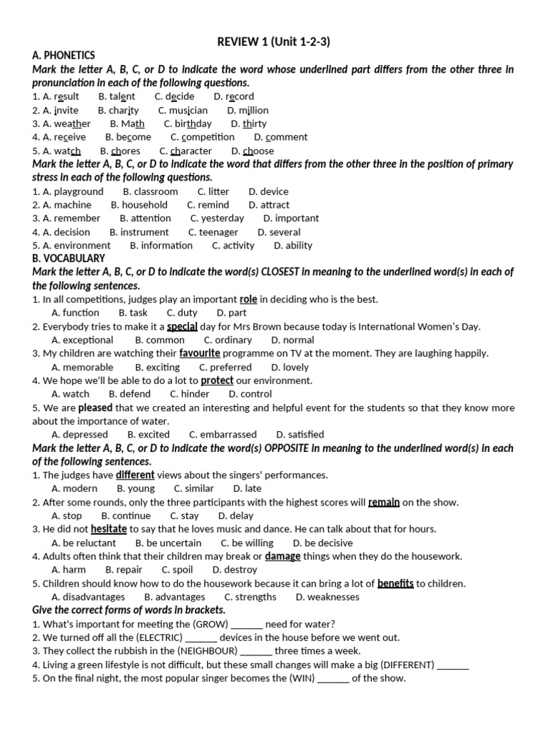 Phonetics and Vocabulary Practice Test | PDF | Pollution | Plastic