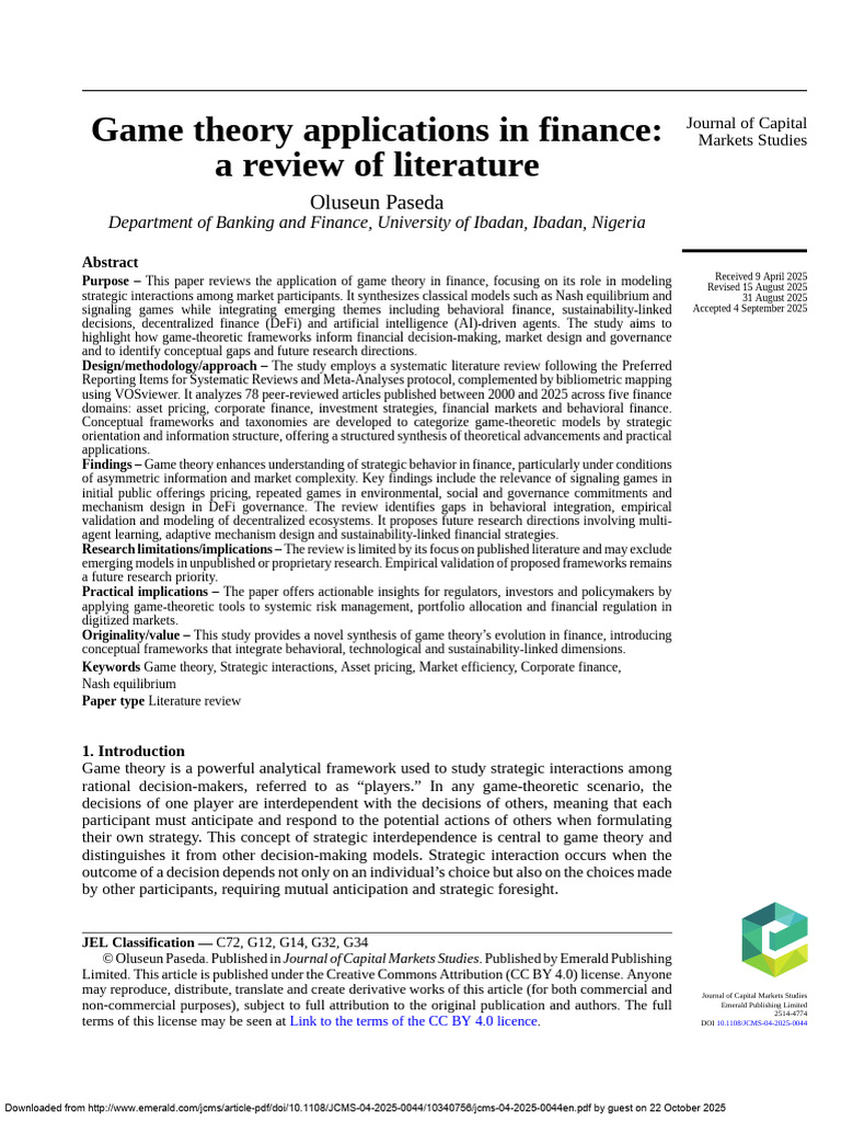 Game Theory in Finance: A Literature Review | PDF | Game Theory ...