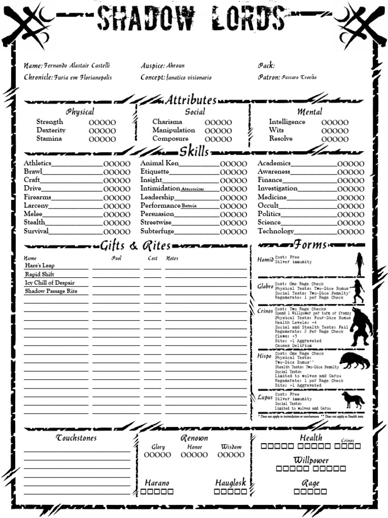 Shadow Lords Character Sheet | PDF