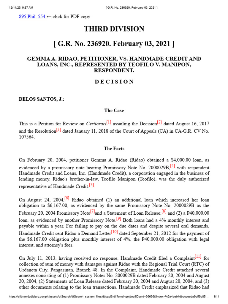 Ridao vs. Handmade Credit: Loan Dispute Decision | PDF | Pleading | Loans