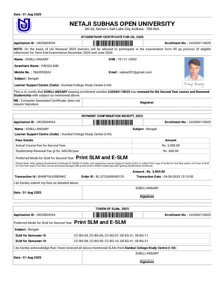 NSOU _ UG Renewal _ Studentship Certificate | PDF
