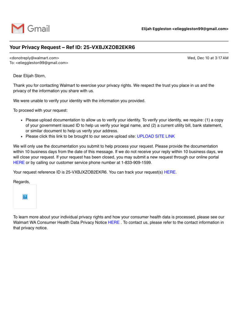 Walmart Privacy Request Verification Needed | PDF