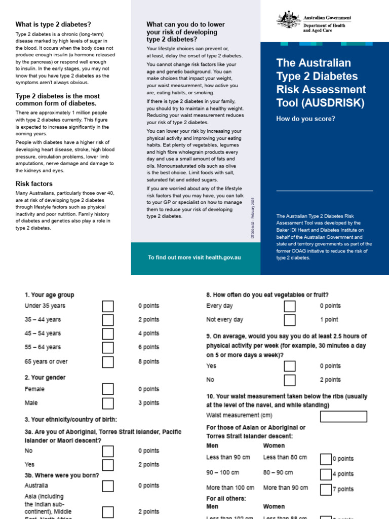 Australian Type 2 Diabetes Risk Tool | PDF | Diabetes | Diseases And ...