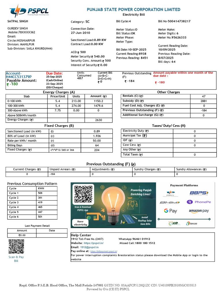 Pspcl Bill ENG H44CC531379P | PDF | Power (Physics) | Electric Power
