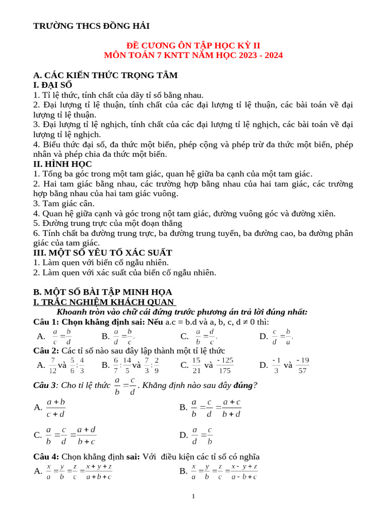Thcsdong Hai - de Cuong Toan 7 HK2 | PDF